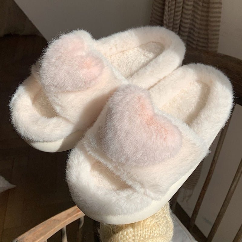 Heart Love Fluffy Fur Slippers - ItemBear.com