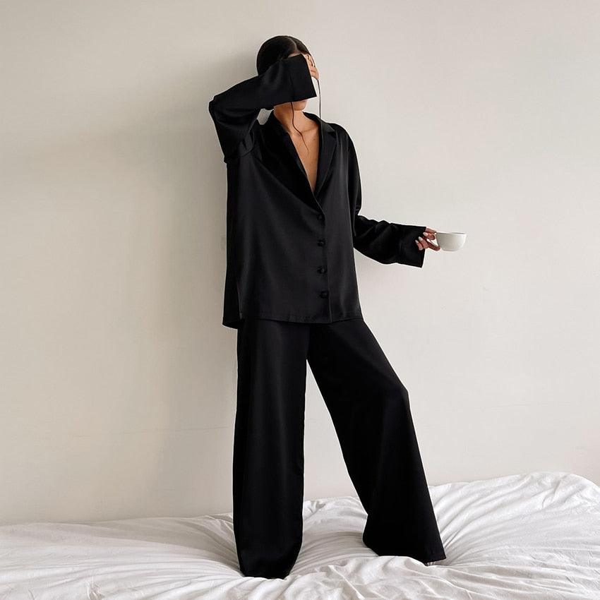 Hiloc Oversized Satin Silk Sleepwear Low Cut Sexy Pajamas For Women Single-Breasted Long Sleeves Wide Leg Pants Trouser Suits - ItemBear.com