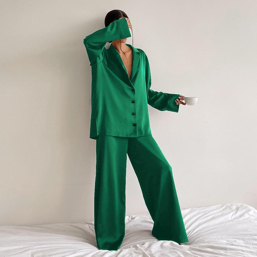 Hiloc Oversized Satin Silk Sleepwear Low Cut Sexy Pajamas For Women Single-Breasted Long Sleeves Wide Leg Pants Trouser Suits - ItemBear.com