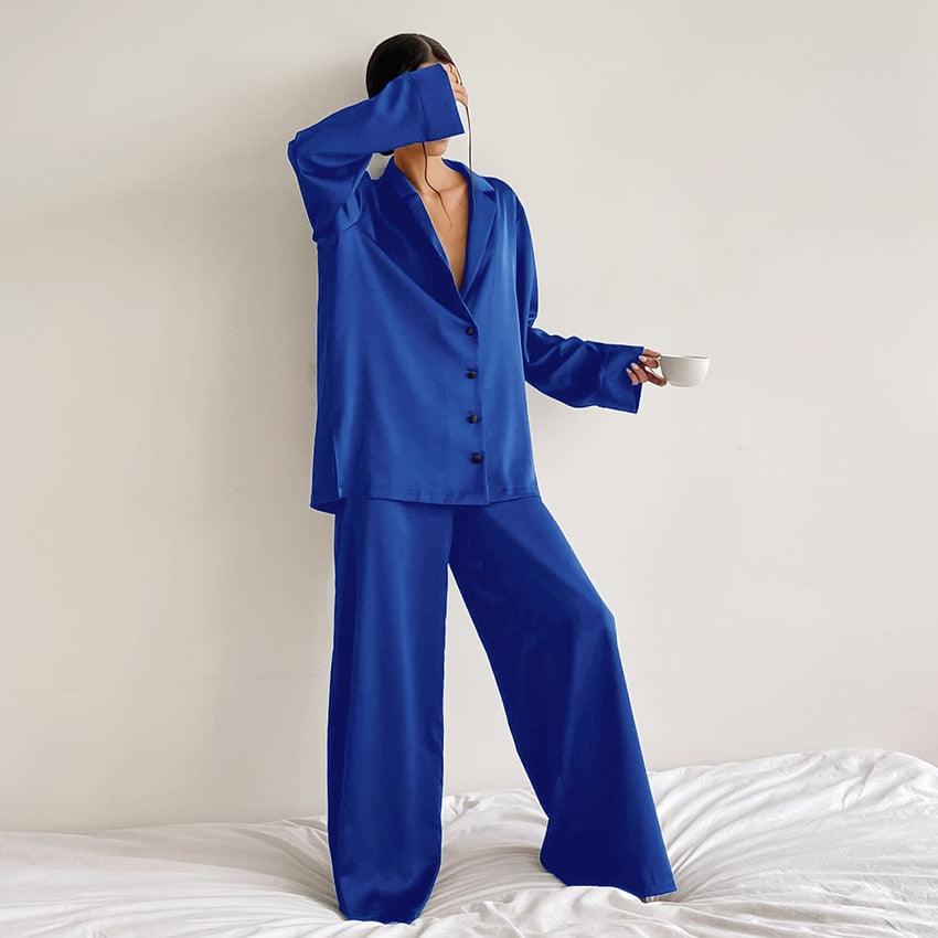 Hiloc Oversized Satin Silk Sleepwear Low Cut Sexy Pajamas For Women Single-Breasted Long Sleeves Wide Leg Pants Trouser Suits - ItemBear.com