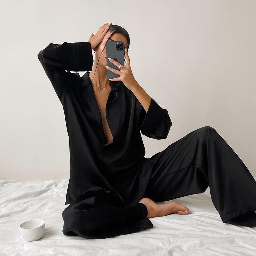 Hiloc Oversized Satin Silk Sleepwear Low Cut Sexy Pajamas For Women Single-Breasted Long Sleeves Wide Leg Pants Trouser Suits - ItemBear.com