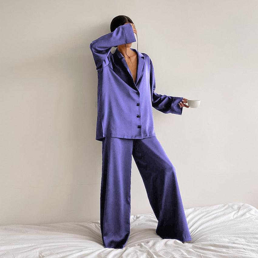 Hiloc Oversized Satin Silk Sleepwear Low Cut Sexy Pajamas For Women Single-Breasted Long Sleeves Wide Leg Pants Trouser Suits - ItemBear.com