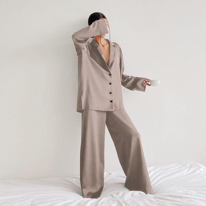 Hiloc Oversized Satin Silk Sleepwear Low Cut Sexy Pajamas For Women Single-Breasted Long Sleeves Wide Leg Pants Trouser Suits - ItemBear.com