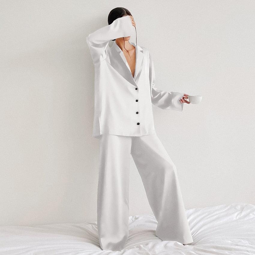 Hiloc Oversized Satin Silk Sleepwear Low Cut Sexy Pajamas For Women Single-Breasted Long Sleeves Wide Leg Pants Trouser Suits - ItemBear.com