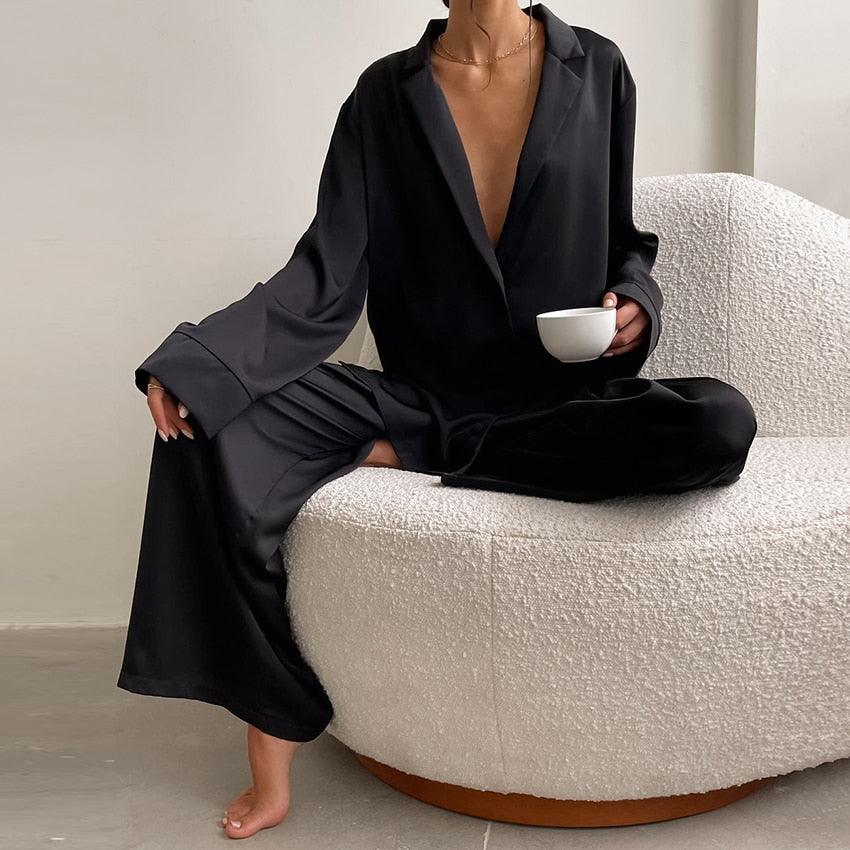 Hiloc Oversized Satin Silk Sleepwear Low Cut Sexy Pajamas For Women Single-Breasted Long Sleeves Wide Leg Pants Trouser Suits - ItemBear.com