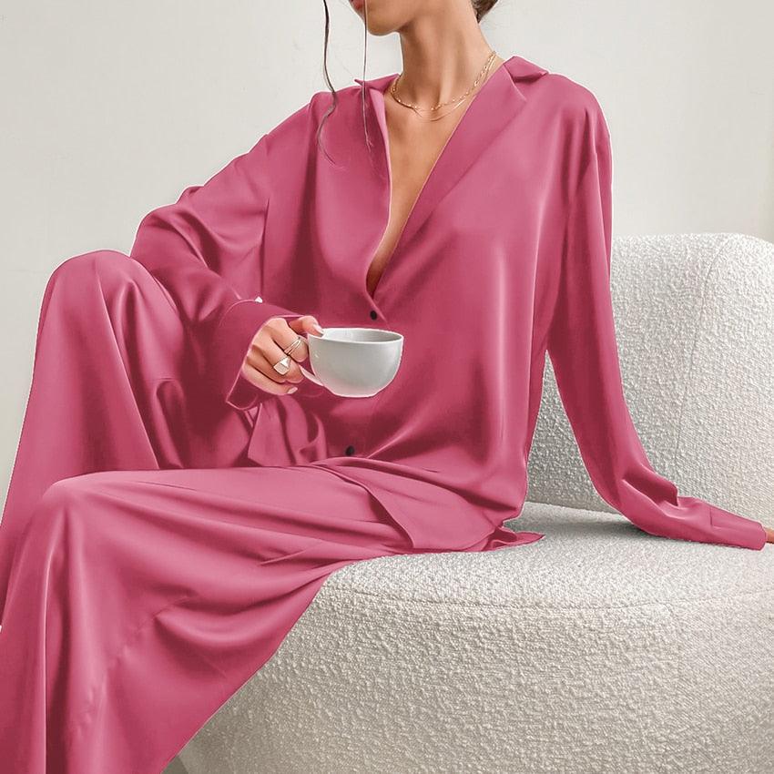 Hiloc Oversized Satin Silk Sleepwear Low Cut Sexy Pajamas For Women Single-Breasted Long Sleeves Wide Leg Pants Trouser Suits - ItemBear.com