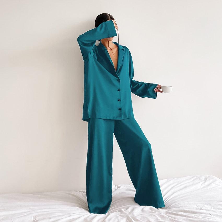 Hiloc Oversized Satin Silk Sleepwear Low Cut Sexy Pajamas For Women Single-Breasted Long Sleeves Wide Leg Pants Trouser Suits - ItemBear.com