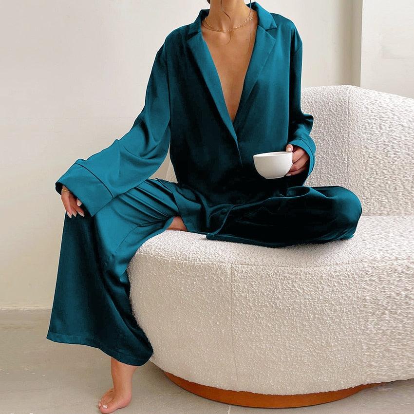 Hiloc Oversized Satin Silk Sleepwear Low Cut Sexy Pajamas For Women Single-Breasted Long Sleeves Wide Leg Pants Trouser Suits - ItemBear.com