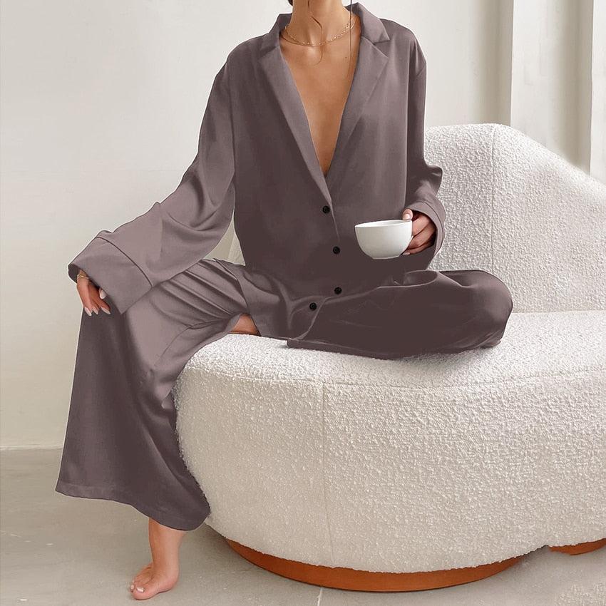 Hiloc Oversized Satin Silk Sleepwear Low Cut Sexy Pajamas For Women Single-Breasted Long Sleeves Wide Leg Pants Trouser Suits - ItemBear.com