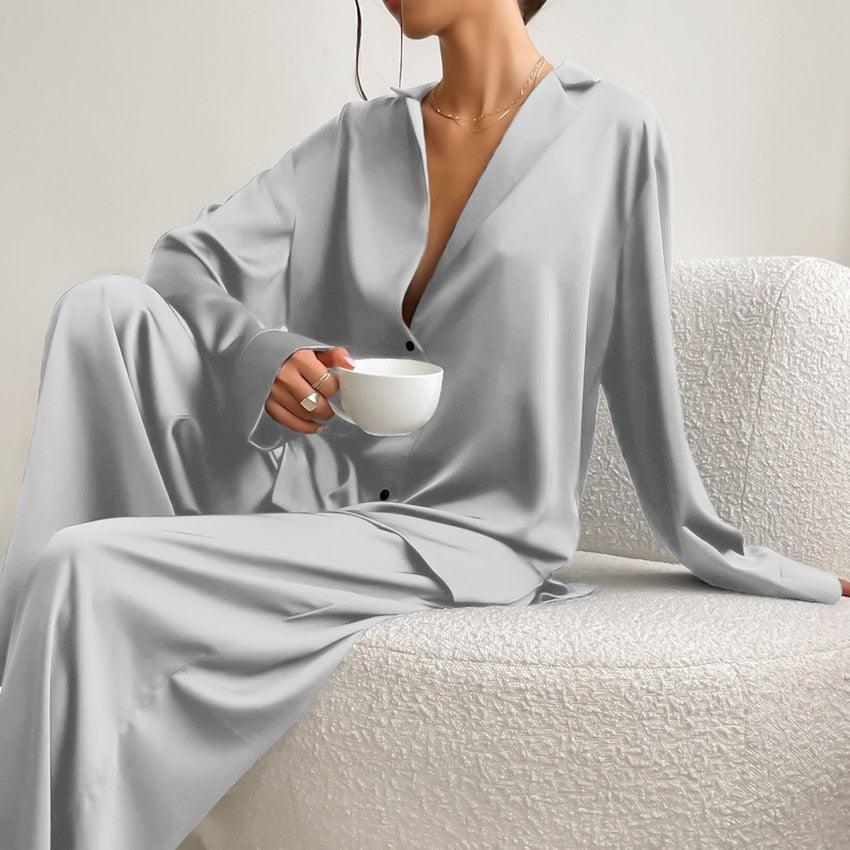 Hiloc Oversized Satin Silk Sleepwear Low Cut Sexy Pajamas For Women Single-Breasted Long Sleeves Wide Leg Pants Trouser Suits - ItemBear.com