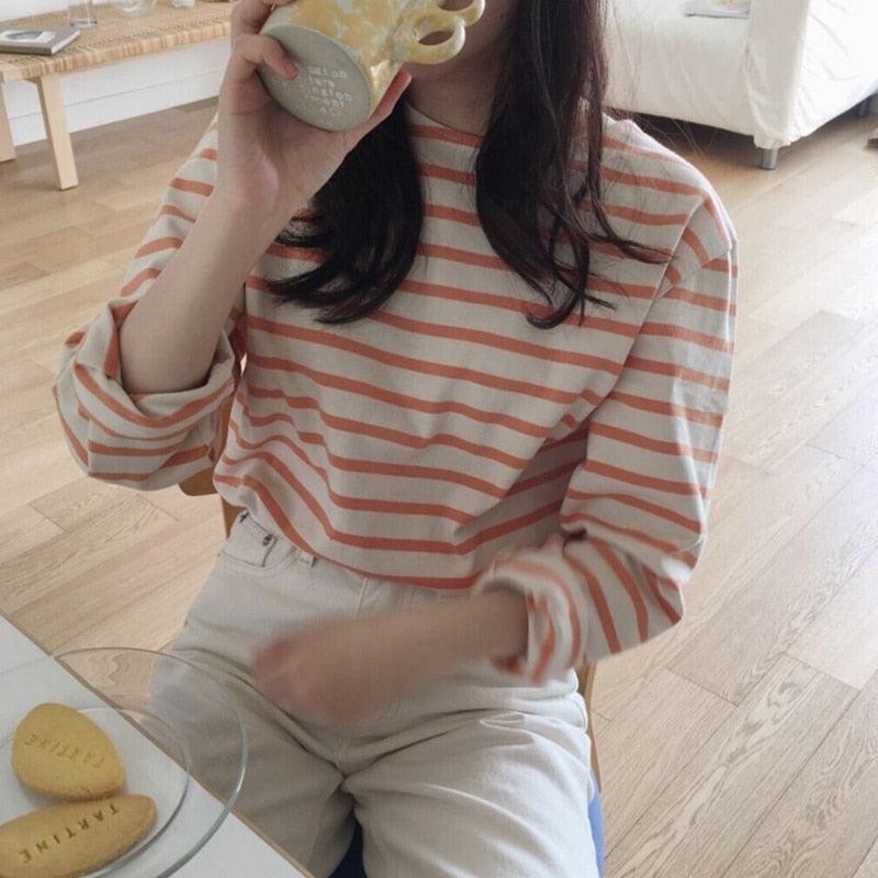 Hnewly spring autumn Women t shirt Harajuku Simple stripes t-shirt long sleeve casual oversized T-Shirts Female goth blue pink Top Tees - ItemBear.com