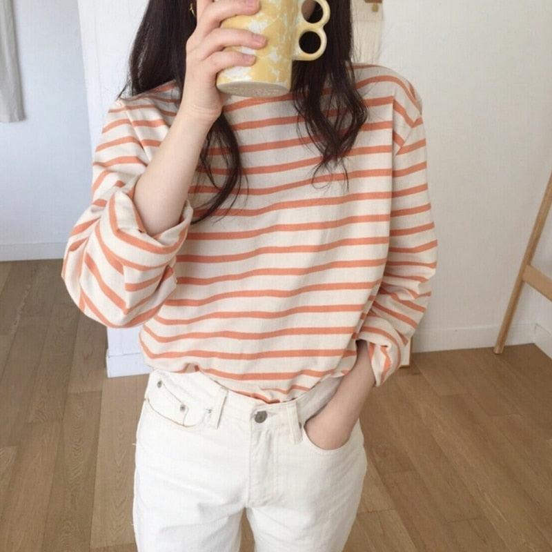 Hnewly spring autumn Women t shirt Harajuku Simple stripes t-shirt long sleeve casual oversized T-Shirts Female goth blue pink Top Tees - ItemBear.com