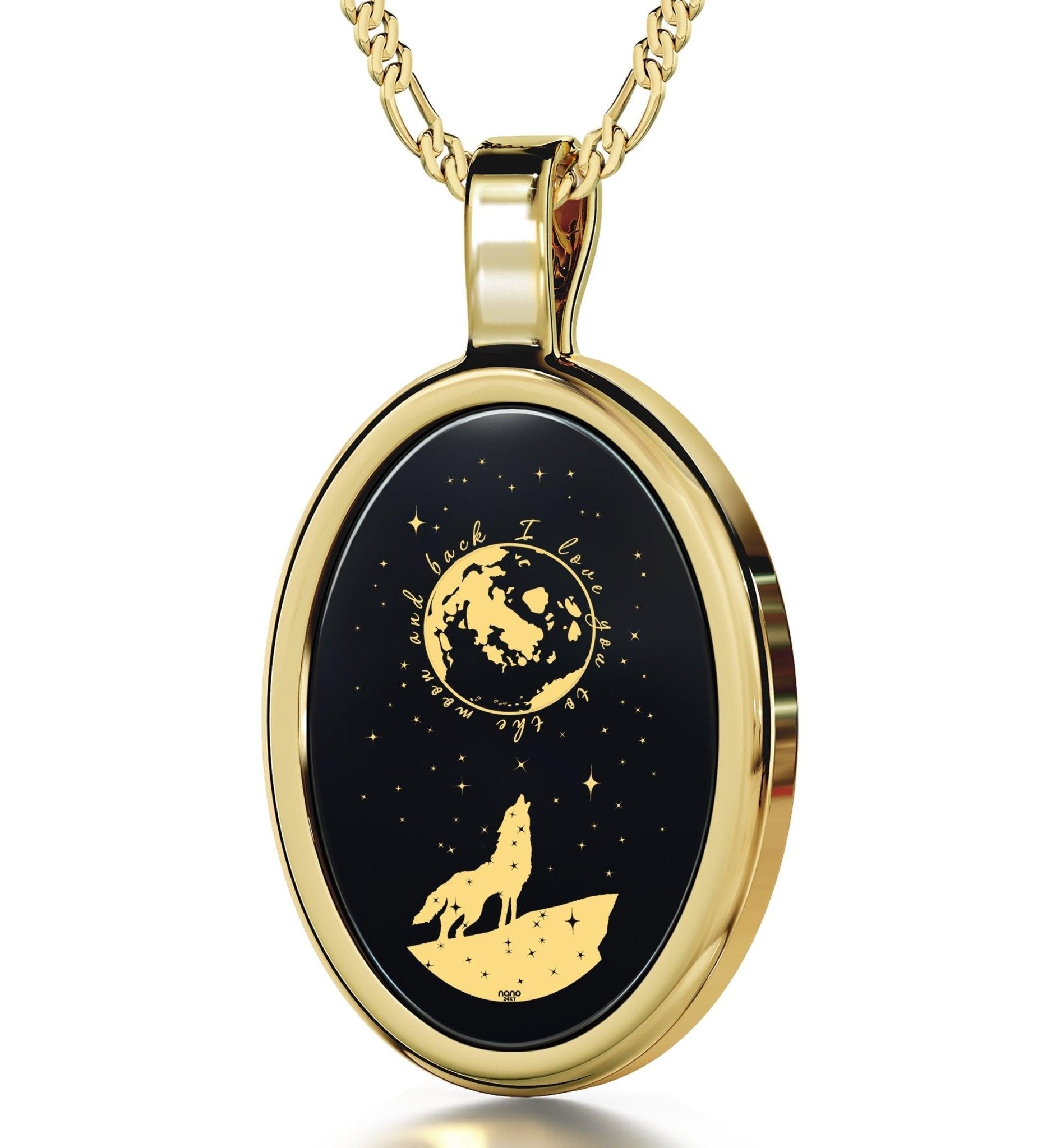 I Love You to the Moon and Back Necklace Wolf Pendant 24k Gold Inscribed on Onyx - ItemBear.com