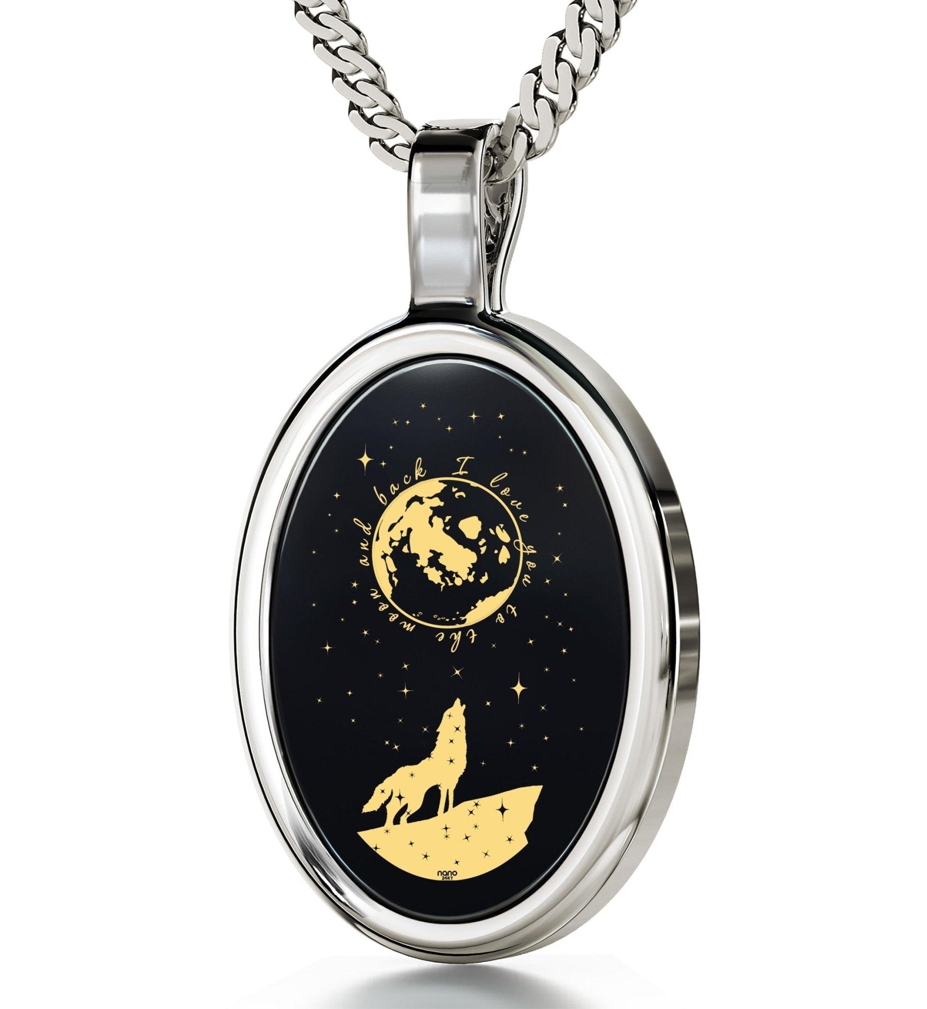 I Love You to the Moon and Back Necklace Wolf Pendant 24k Gold Inscribed on Onyx - ItemBear.com