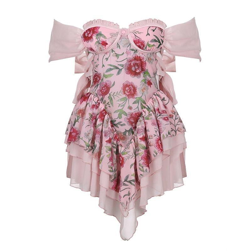 Iconic Pink Floral Ruffle Off-Shoulder Mini Dress - ItemBear.com