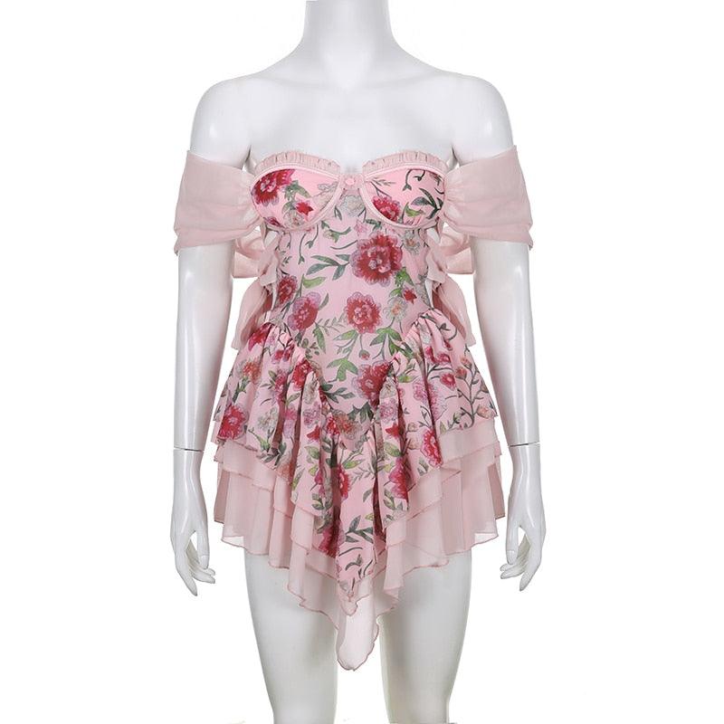 Iconic Pink Floral Ruffle Off-Shoulder Mini Dress - ItemBear.com