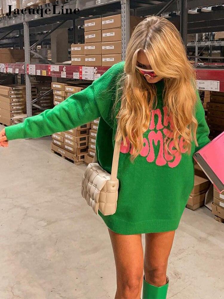 Jacuqeline 2022 Y2K Green Knitted Women Sweater Dress Fairy Grunge Oversize Long Sleeve O Neck Mini Woman Dresses Autumn Winter - ItemBear.com