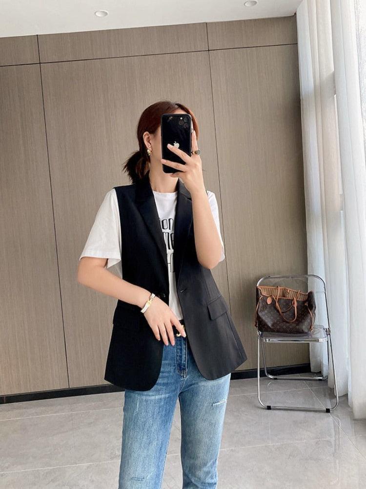 JMPRS Fashion Office Blazer Vest Women Summer Turn-down Collar Single Button Wasitcoat Female Black Sleeveless Jacket New - ItemBear.com