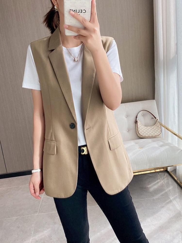 JMPRS Fashion Office Blazer Vest Women Summer Turn-down Collar Single Button Wasitcoat Female Black Sleeveless Jacket New - ItemBear.com