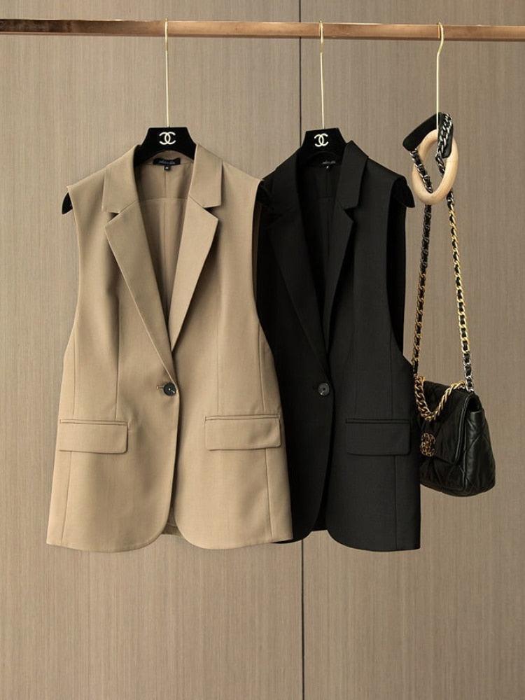 JMPRS Fashion Office Blazer Vest Women Summer Turn-down Collar Single Button Wasitcoat Female Black Sleeveless Jacket New - ItemBear.com