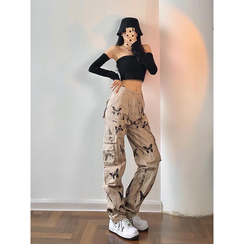 Khaki Butterfly Graphic Ink Splah Cargo Pants - ItemBear.com