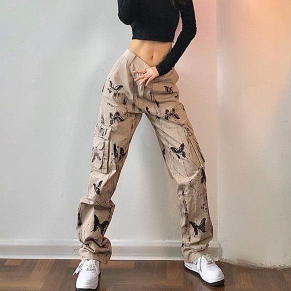 Khaki Butterfly Graphic Ink Splah Cargo Pants - ItemBear.com