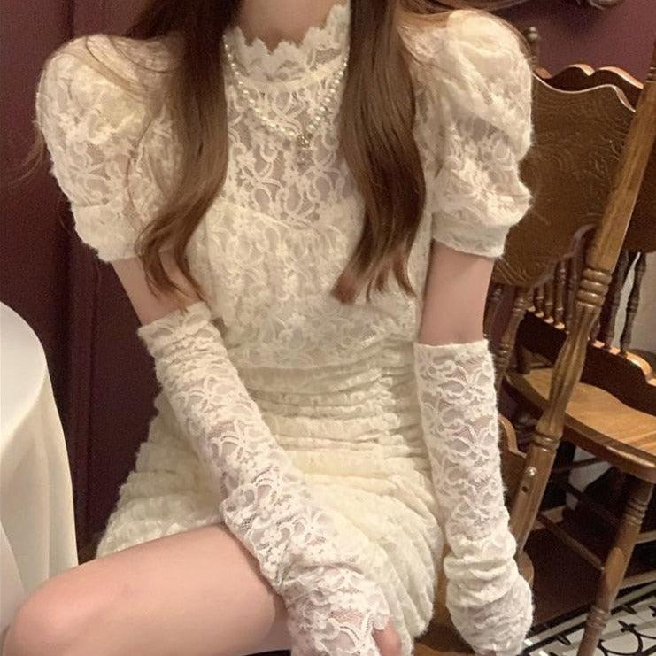 Lace Puff Sleeve Mini Dress & Gloves Set - ItemBear.com