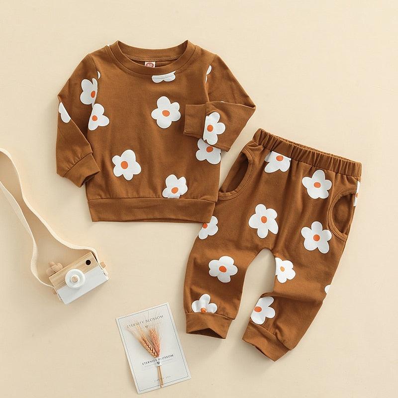 Lioraitiin 0-4Years Toddler Baby Girl 2Pcs Autumn Clothing Set Long Sleeve O-neck Floral Printed Top Long Pants Casual Outfit - ItemBear.com