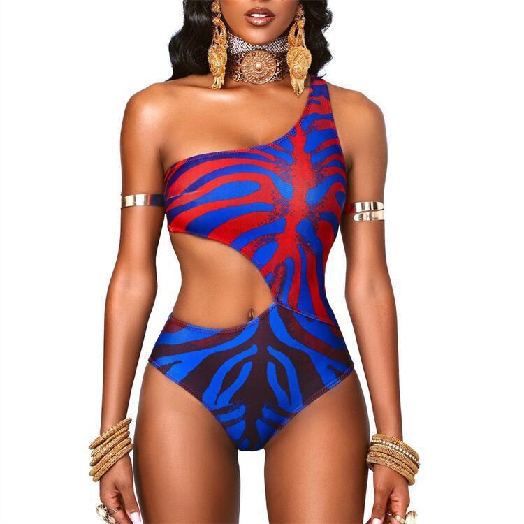 new bikini women's one-piece hollow digital printing one-shoulder slim sexy European and American M2057 - ItemBear.com