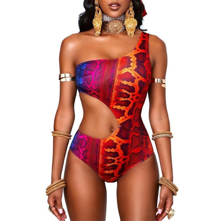 new bikini women's one-piece hollow digital printing one-shoulder slim sexy European and American M2057 - ItemBear.com