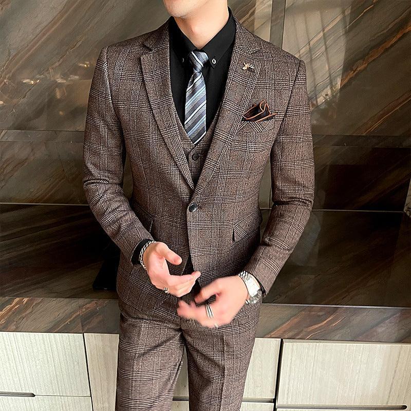 new men's plaid suit business casual banquet dress Korean suit three-piece suit - ItemBear.com