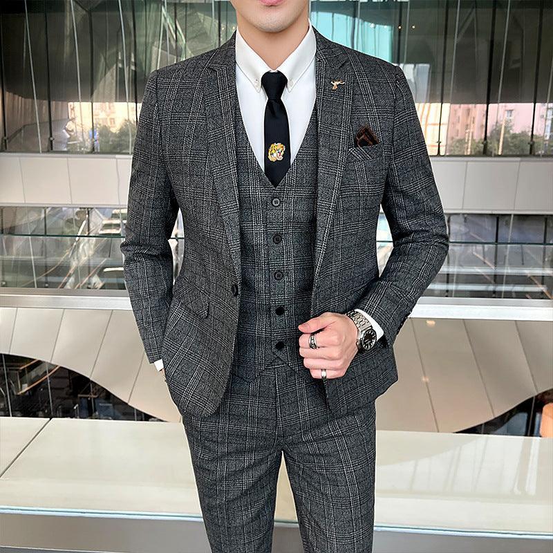 new men's plaid suit business casual banquet dress Korean suit three-piece suit - ItemBear.com