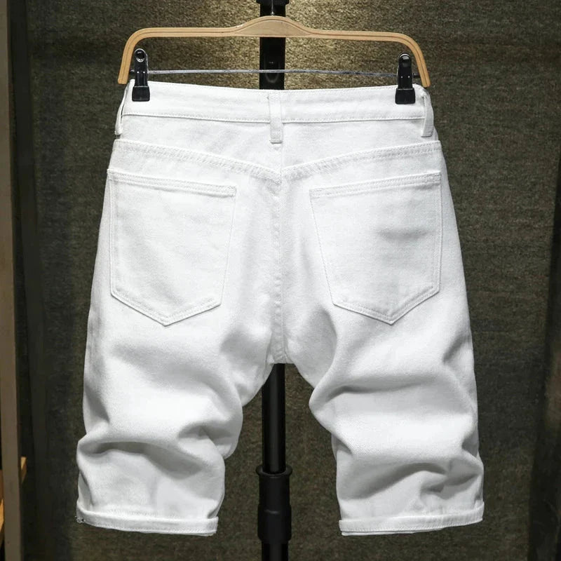 New Summer White black Men Ripped Hole Denim Shorts Slim Casual Knee Length Short Straight Hole Jeans Shorts Bermuda for men - ItemBear.com