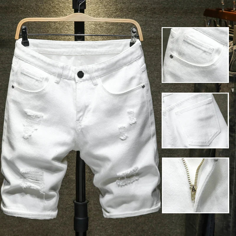 New Summer White black Men Ripped Hole Denim Shorts Slim Casual Knee Length Short Straight Hole Jeans Shorts Bermuda for men - ItemBear.com