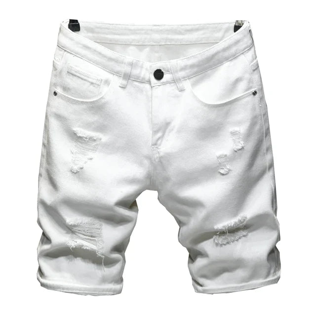 New Summer White black Men Ripped Hole Denim Shorts Slim Casual Knee Length Short Straight Hole Jeans Shorts Bermuda for men - ItemBear.com