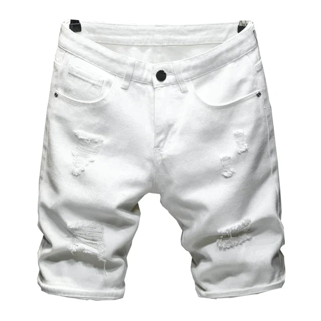 New Summer White black Men Ripped Hole Denim Shorts Slim Casual Knee Length Short Straight Hole Jeans Shorts Bermuda for men - ItemBear.com