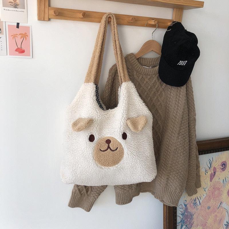 New Winter Soft Plush Tote Bag Women Cartoon Embroidery Imitation Lamb Hair Shoulder Bag For Women 2021 Shopper Bag Bolsa - ItemBear.com