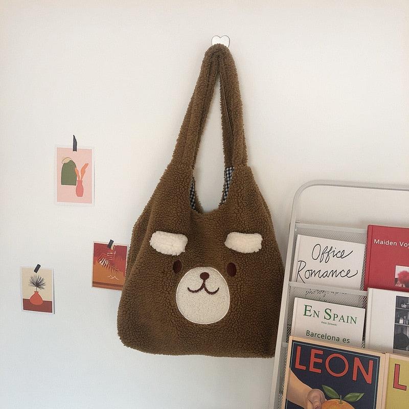 New Winter Soft Plush Tote Bag Women Cartoon Embroidery Imitation Lamb Hair Shoulder Bag For Women 2021 Shopper Bag Bolsa - ItemBear.com