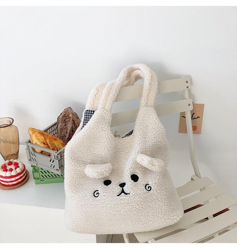 New Winter Soft Plush Tote Bag Women Cartoon Embroidery Imitation Lamb Hair Shoulder Bag For Women 2021 Shopper Bag Bolsa - ItemBear.com