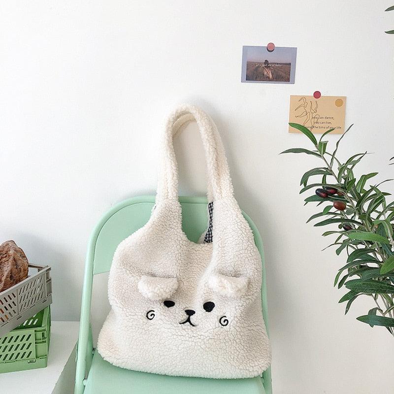 New Winter Soft Plush Tote Bag Women Cartoon Embroidery Imitation Lamb Hair Shoulder Bag For Women 2021 Shopper Bag Bolsa - ItemBear.com