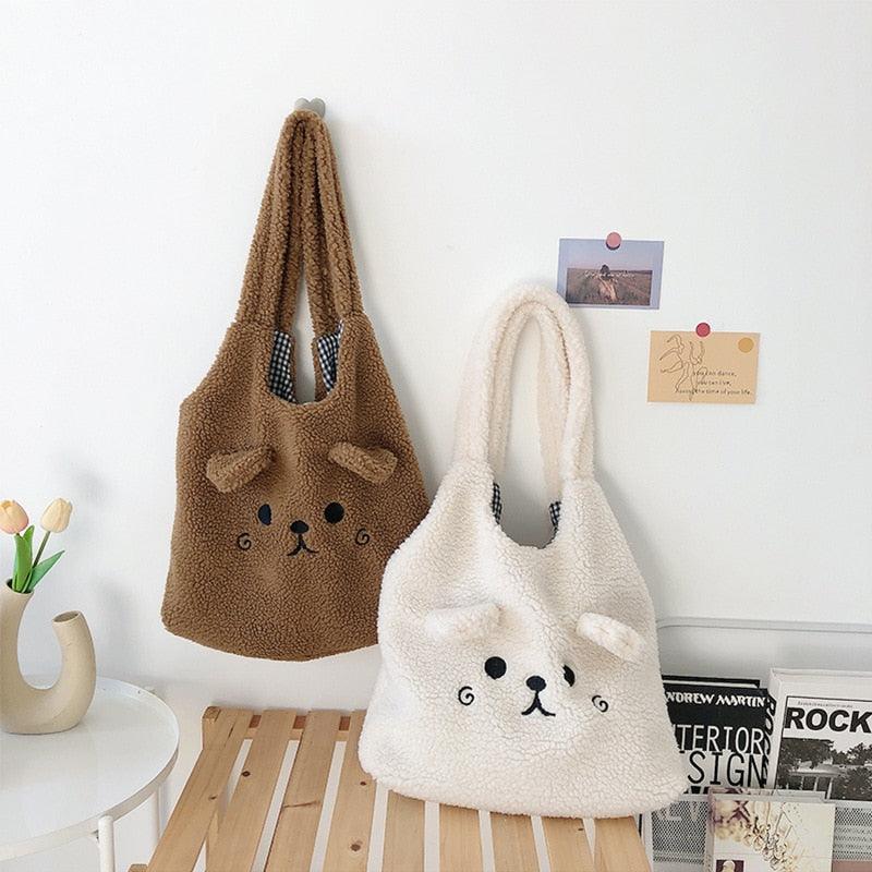 New Winter Soft Plush Tote Bag Women Cartoon Embroidery Imitation Lamb Hair Shoulder Bag For Women 2021 Shopper Bag Bolsa - ItemBear.com