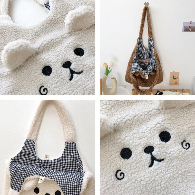 New Winter Soft Plush Tote Bag Women Cartoon Embroidery Imitation Lamb Hair Shoulder Bag For Women 2021 Shopper Bag Bolsa - ItemBear.com