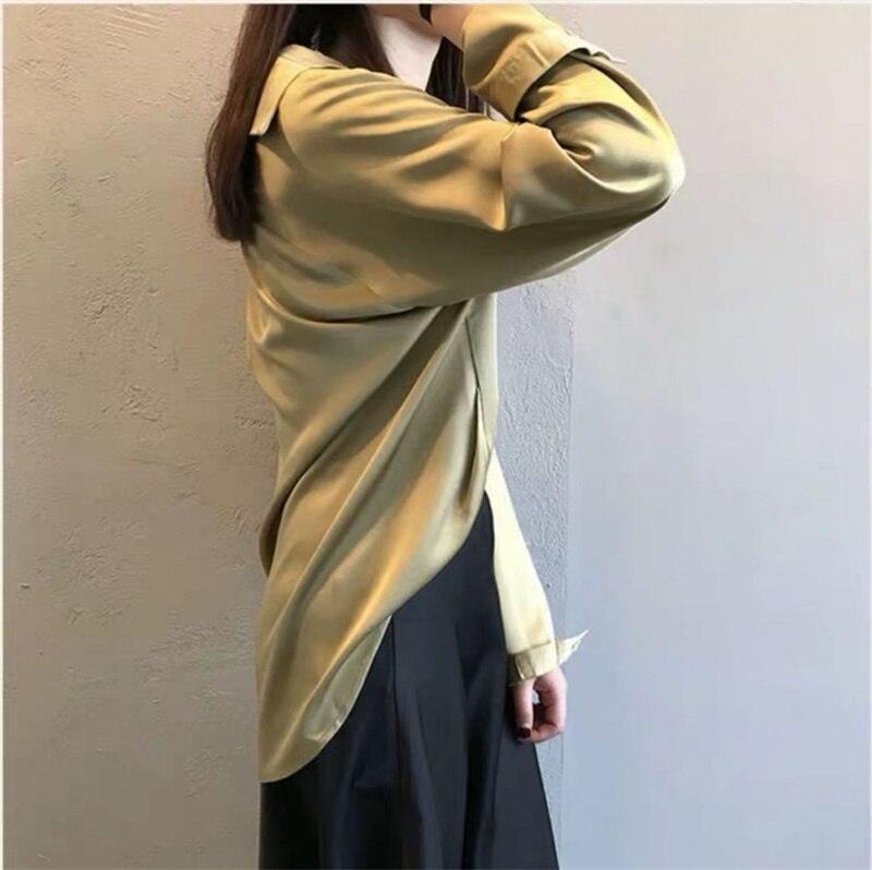 OL Summer Autumn Silk Shirts Blouses Women Solid Long Sleeve Lapel Loose Elegant Blouse Single-breasted Shirts Tops - ItemBear.com