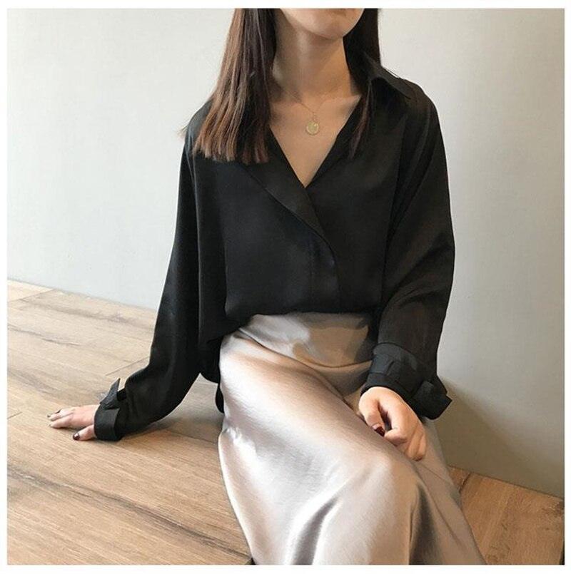 OL Summer Autumn Silk Shirts Blouses Women Solid Long Sleeve Lapel Loose Elegant Blouse Single-breasted Shirts Tops - ItemBear.com