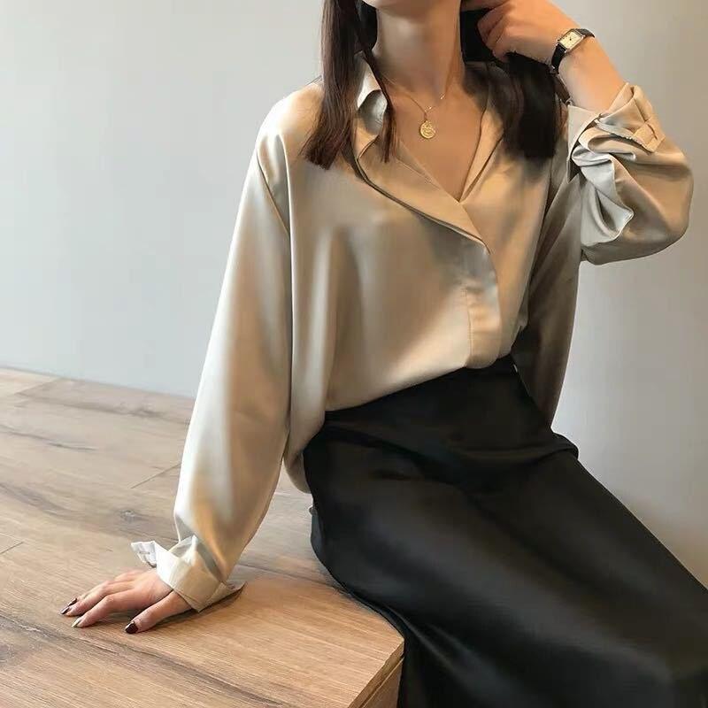 OL Summer Autumn Silk Shirts Blouses Women Solid Long Sleeve Lapel Loose Elegant Blouse Single-breasted Shirts Tops - ItemBear.com