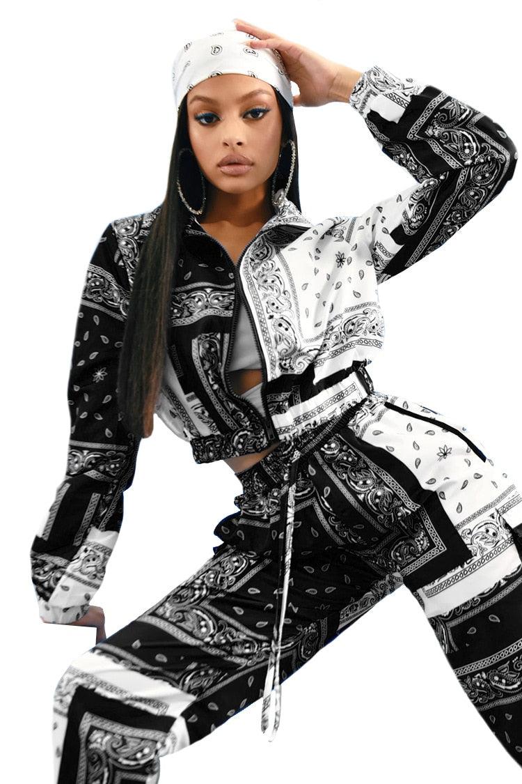 Paisley Bandana Print Two 2 Piece Set Women Fitness Sweatsuit Zipper Up Sweatshirt + Jogger Pants Set Tracksuit Vintage Outfits - ItemBear.com