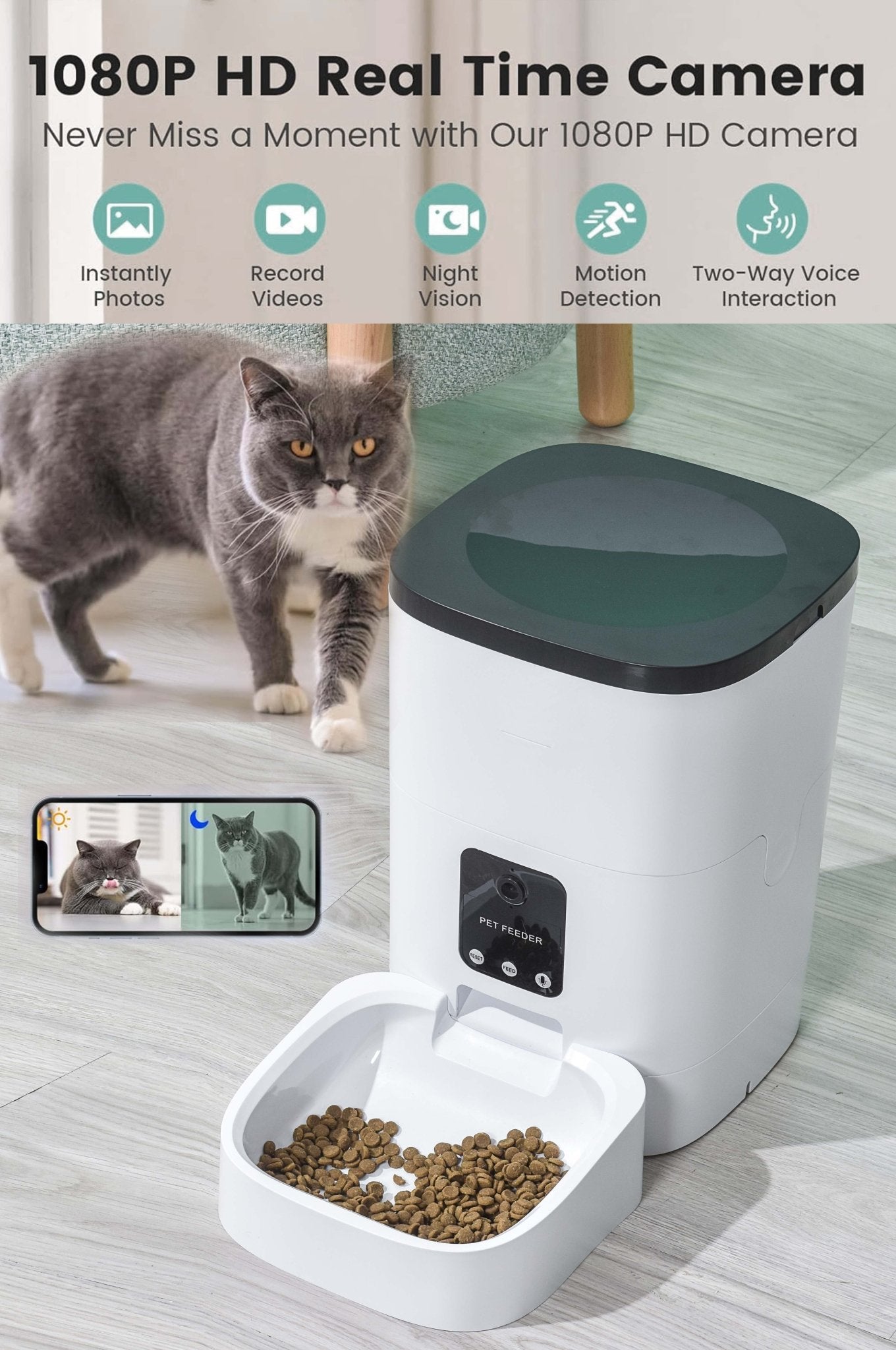 Pet Feeder,6L Automatic Pet Feeder for Cats and Dogs,1080P Camera,App Control,Voice Recorder,Timed Feeder for Schedule Feeding, Dual Power Supply,Wifi Pet Food Dispenser with App Control - ItemBear.com