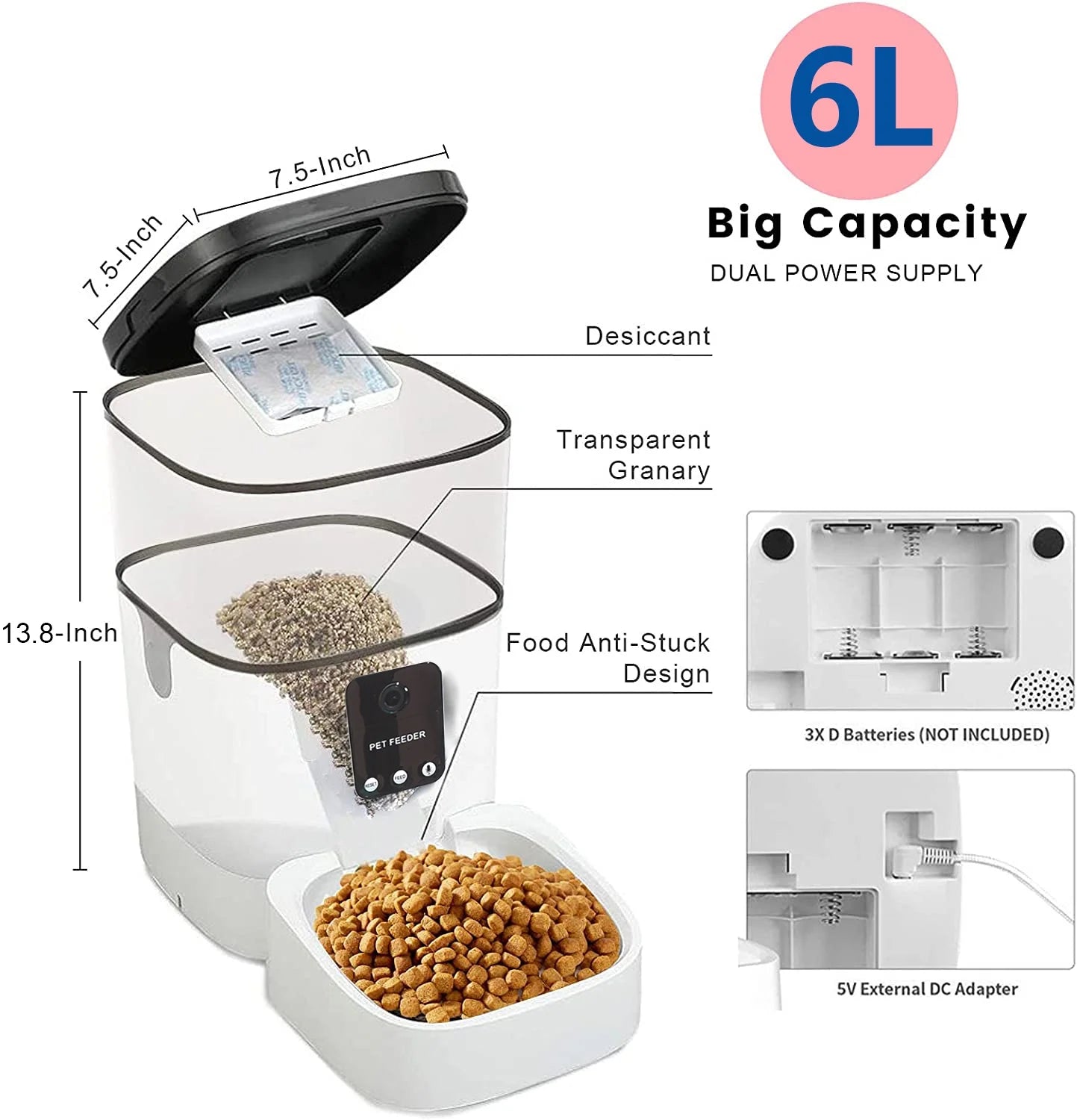 Pet Feeder,6L Automatic Pet Feeder for Cats and Dogs,1080P Camera,App Control,Voice Recorder,Timed Feeder for Schedule Feeding, Dual Power Supply,Wifi Pet Food Dispenser with App Control - ItemBear.com