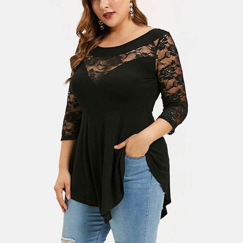 Plus Size Floral Lace Hollow Out Sexy Tunic Blouse Shirt Women Spring Autumn Big Size Tops Ruffles Irregular Blusas - ItemBear.com