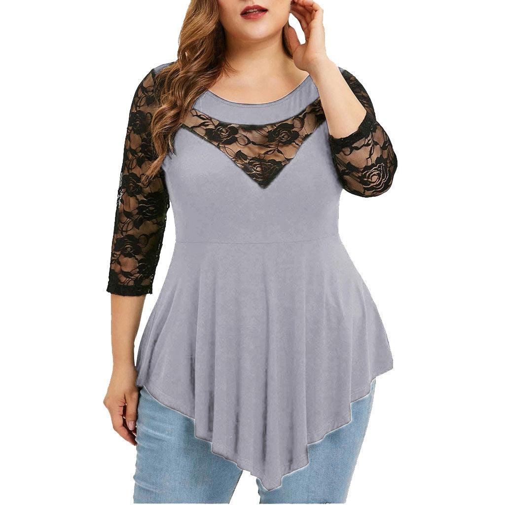 Plus Size Floral Lace Hollow Out Sexy Tunic Blouse Shirt Women Spring Autumn Big Size Tops Ruffles Irregular Blusas - ItemBear.com